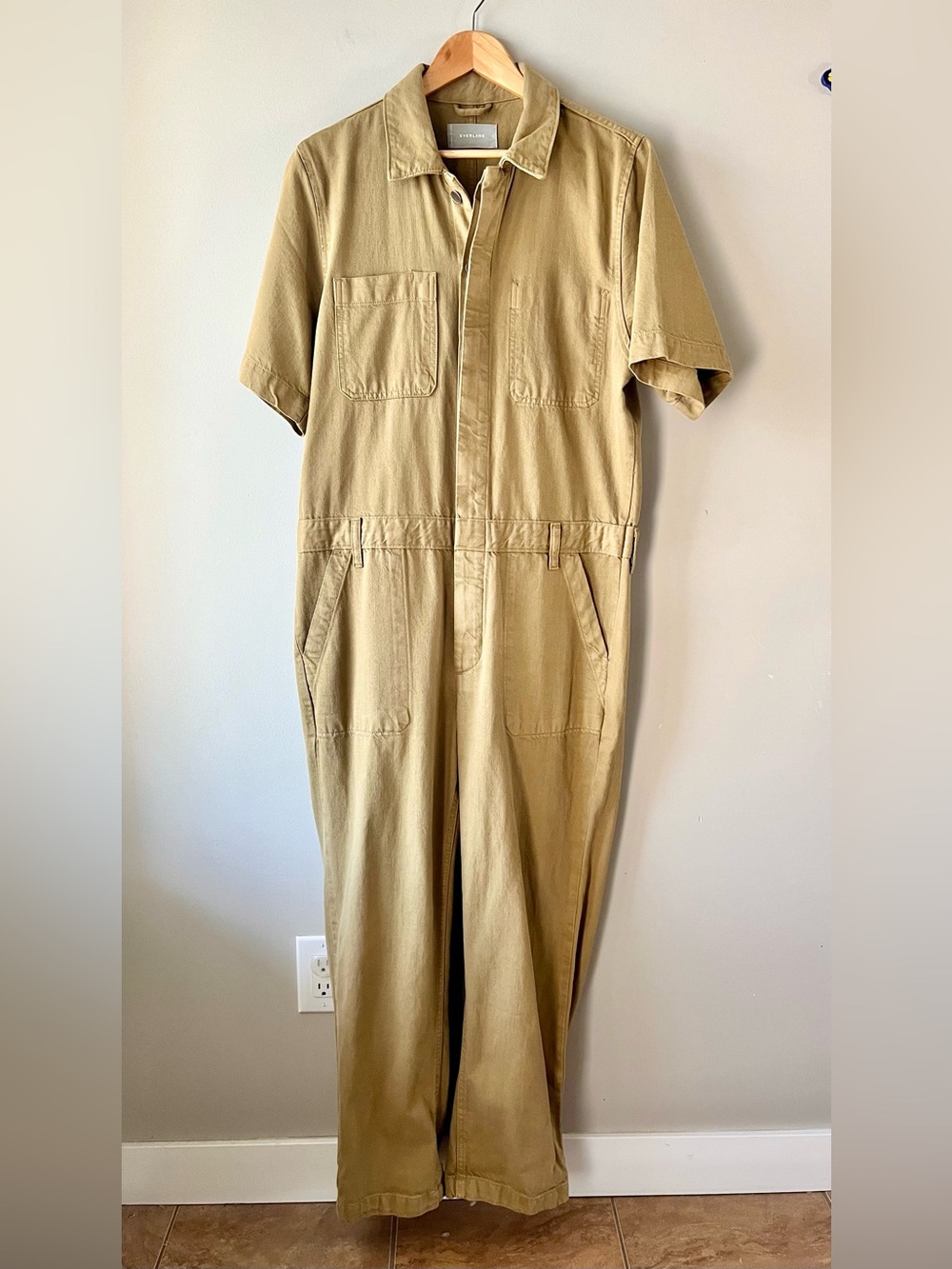 Everlane Khaki Short-Sleeved Denim Coverall Jumpsuit Size 12 Utility-inspired